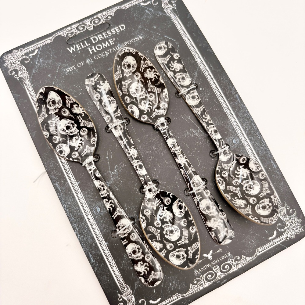 Well Dressed Home Set of 4 Skull Cocktail Spoons Black White Gold Gothic Goth